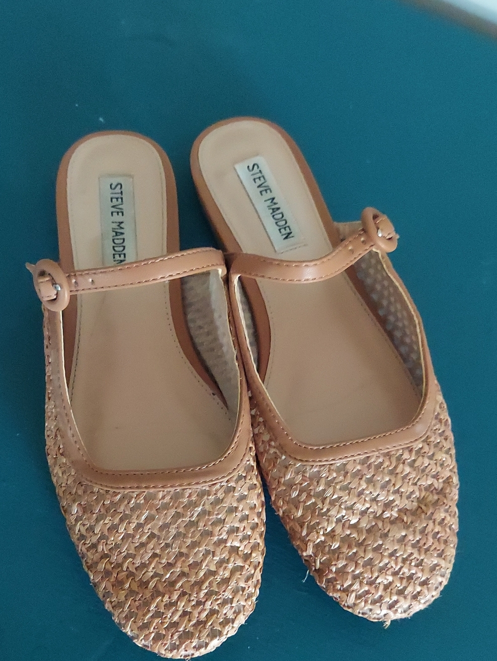 Steve Madden Tan Woven Mary-Jane Style Flats with Buckle Strap